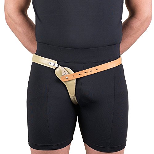 Hernia Truss, Single Spring, Scrotal Pad Compression, Leather, 42 inch Hip (Right)