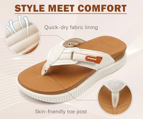 KuaiLu Womens Orthotic Flip Flops with Arch Support Plantar Fasciitis Walking Sandals For Women Ladies Leather Athletic Cushion Recovery Sandals Slip On Indoor Outdoor Summer Casual White Khaki UK 9 - Image 4
