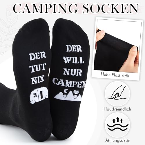 Jadive 2 Stück Camping Geschenke 1 Paar Camping Socken und 1 Wohnwagen Schlüsselanhänger Lustiges Camping Zubehör für Männer Frauen Reise Camping Liebhaber Geburtstag Geschenke(Schwarz,39-46)