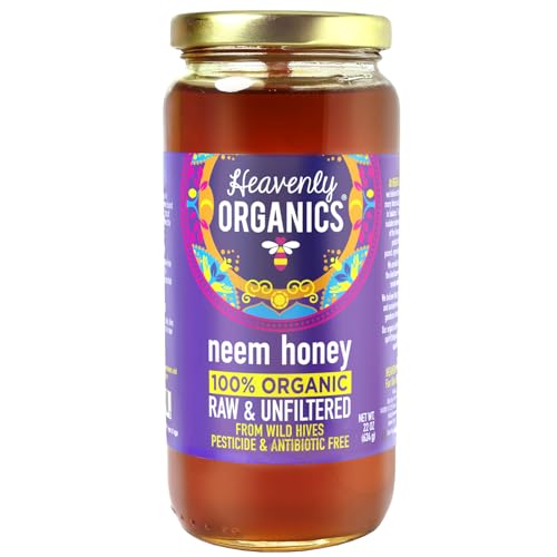 Heavenly Organics 100% Organic Raw Neem Honey 1Pack - Size 22Oz/Jar Lightly Filtered to Preserve Vitamins, Minerals and Enzymes; Made from Wild Beehives & Free Range Bees; Dairy, Nut, Gluten Free, Kosher, Chemical , Antibiotic and Glyphosate free