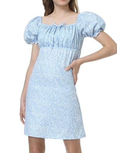 Mebius Girls Floral Print Dress Kids Puff Sleeve Square Neck Smocked Bow Front Short Sleeve A-line Dresses Casual4