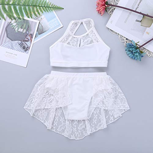 ACSUSS Kids Girls Two-Pieces Dance Outfits Ballet Dance Dress Halter Floral Lace Crop Tops with Tutu Skirt Dancewear White 12-14