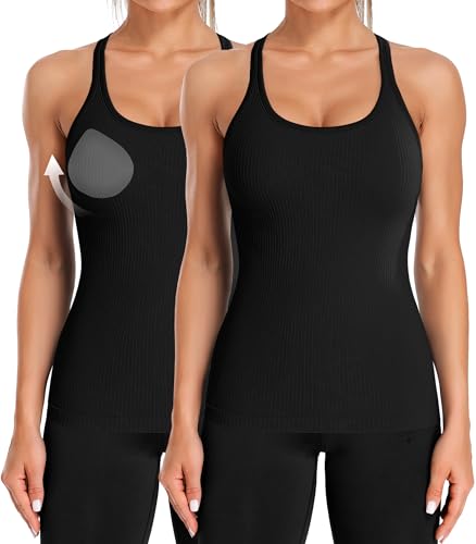 ATTRACO Ribflex Yoga Tank Tops for Women Ribbed Workout Tank Sleeveless Athletic Top Slim Fit 2 Pack S Black/Black