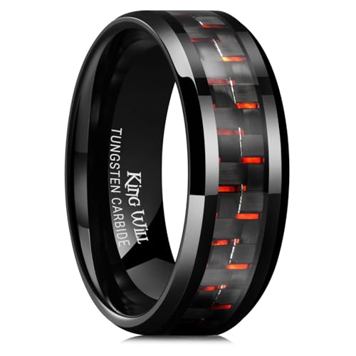 King Will Black 8mm Tungsten Carbide Rings for Men Men's Wedding Band with Black Red Carbon Fiber Inlaid Beveled Edge High Polished Finish Gentleman Comfit Fit, Size 10