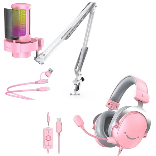 FIFINE USB Condenser Microphone Kit with Gaming Headset Bundle, Streaming