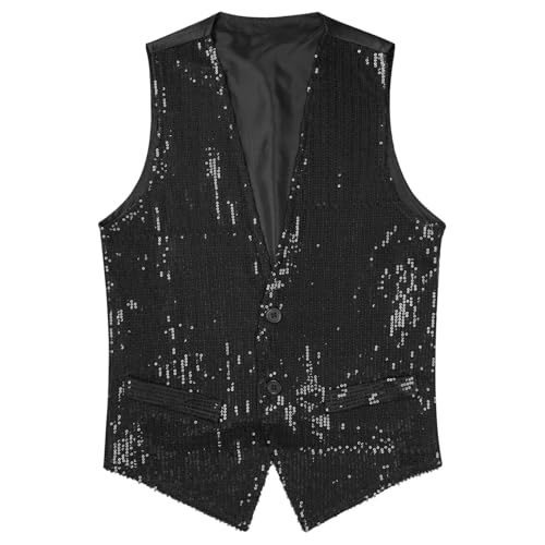 YEAHDOR Mens Glittery Sequin Vest Button Sleeveless Open Front Jacket Nightclub Prom Party Stylish Waistcoat