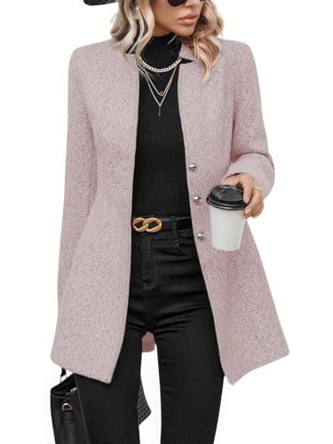ebossy Women's Casual Business Herringbone Wool Blend Blazer Jacket Notched Collar Button Down Slim Long Sleeve Dress Coat, Pink, X-Large