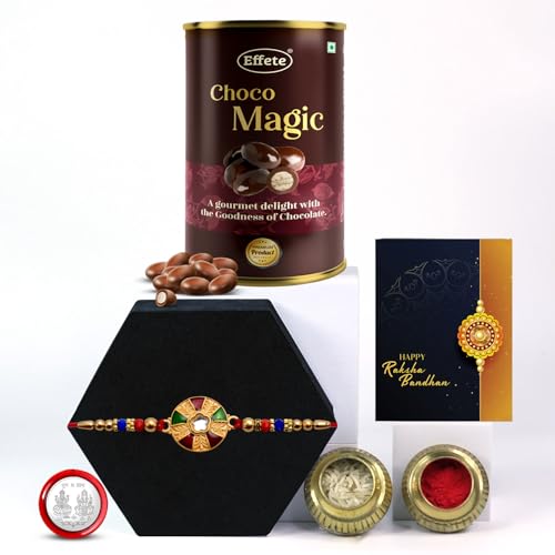 Image of DeoDap Designer Lotus Elephant Magic (96g) Silver Rakhi Set of 2 with Chocolate, Silver Pooja Coin, Tilak Set, Greeting Card - Rakhi Gift for Brother