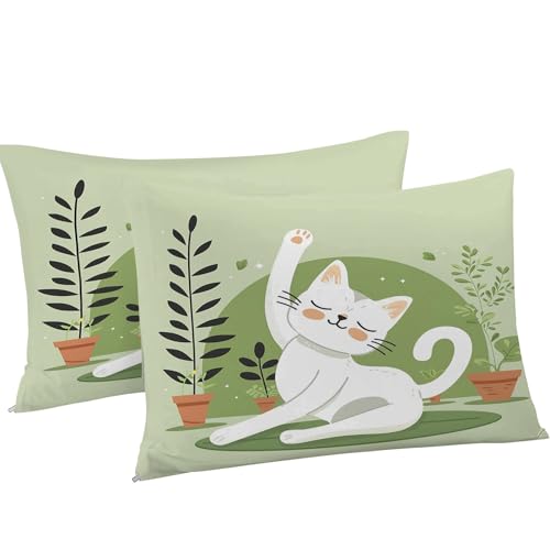 Housse de couette 220x240 chat vert avec 2 taies d'oreiller microfibre