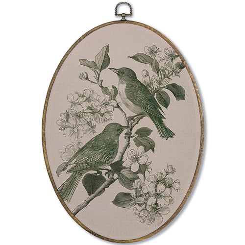 Fewgb Vintage Bird Floral Botanical Oval Wall Art Decor Framed, French Country Canvas Wall Art Prints Picture, Cottagecore Cottage Core Antique Hanging Room Decor Artwork for Bedroom Living Room 9x12