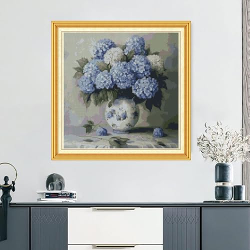 Image of MYBISYMQQ Hydrangea Cross Stitch Kits for Adults Beginners - 11CT Stamped Vintage Blue Flower Vase Embroidery Kit, DIY Pre-Printed Needlepoint Patterns for Home Wall Art Decor, 13.7x13.7 Inches