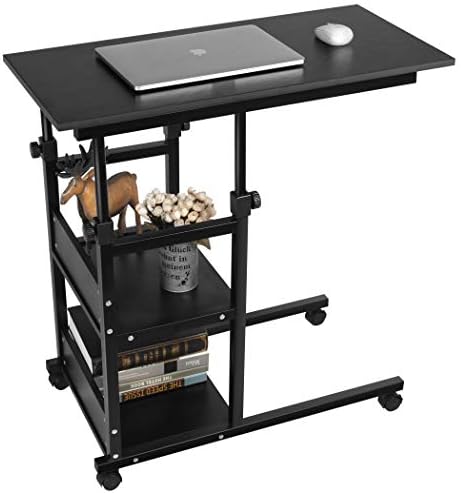 Lavievert C-Shaped Side Table with Storage Shelves, Height Adjustable Sofa Couch Coffee End Table Bedside Table Laptop Desk with Wheels for Living Room, Bedroom - Black
