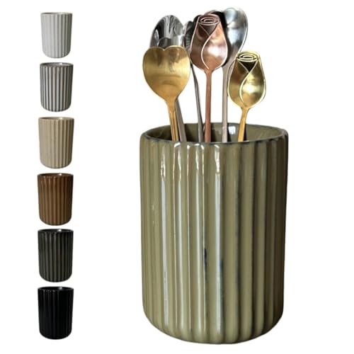 Portautensili in gres porcellanato per tè e caffè e cucchiaino e agitatore, per bastoncini di cannuccia, cucchiaini, tazze, piccoli utensili da cucina, vasetto scanalato a righe verticali (verde)