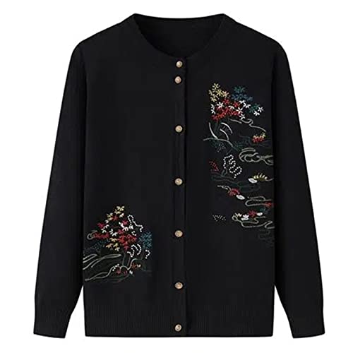 CBROOT Mediana Edad Mayores Jersey De Punto para Mujer - Abuela Primavera Otoño Bordado Tejer Cardigan Fashion Slim Long Sleeve Thin Sweater Coat 60-80 Year Old Jacket, Negro, XXL