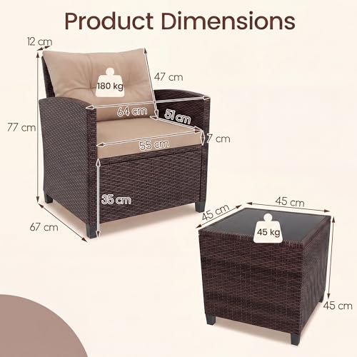 LIFEZEAL 2 Salons de Jardin Exterieur avec Table Basse en Rotin PE, Ensemble Fauteuils avec Coussin et Table en Verre Trempé pour Piscine, Terrasse, Balcon, Chaise avec Charge de 180 kg (Brun) – vue 3