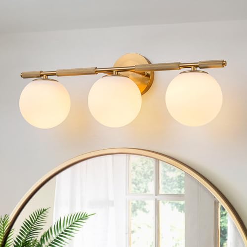 Image of 24 inch Brass Vanity Light, 3-Light Modern Gold Bathroom Lighting Fixtures Over Mirror with Knurled Texture Milk Glass Globe Wall Sconce