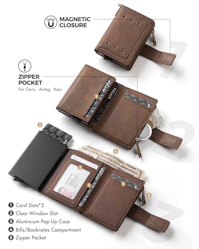 VULKIT Mens Wallet RFID Protected with POP UP Credit Card Ejector Case, ID Window, Zipper Pocket for Coins and Compartment for Bills/Banknotes, Coffee Brown3