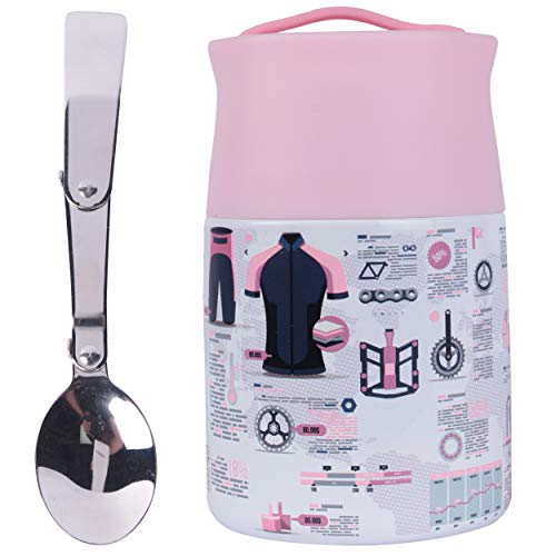 MAISON HUIS (King 20 OZ) Thermoses 304 Stainless Steel Lunch Box for Kids&Adults Food Jar with Folding Spoon,Maximizing Capacity Hot Food Leak Proof Insulated Vacuum Container,3D Pink Bicycle Pattern