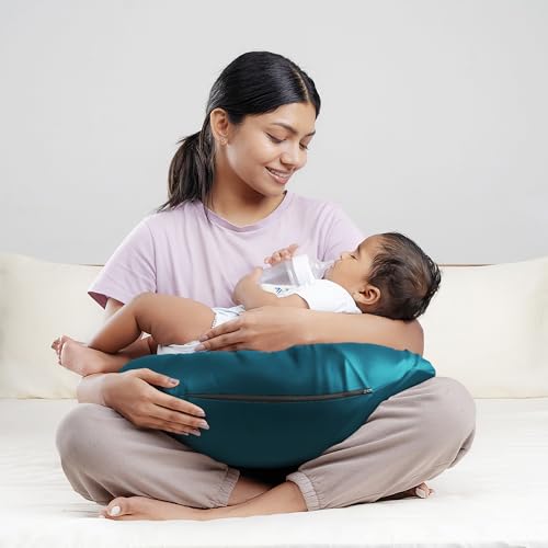 Image of Wakefit Nursing Pillow for Breastfeeding & Baby Care | 5 in 1 Feeding Pillow with Removable Cover | Super Soft & Machine Washable Velvet Cover | Peacock Green