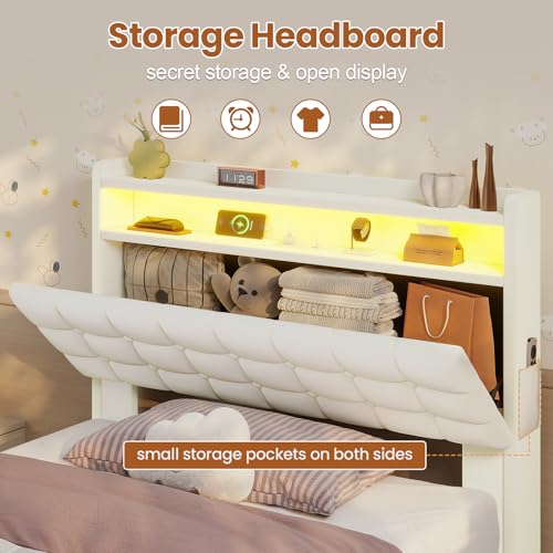 Image of ADORNEVE Lift Up Storage Twin Bed Frame with LED Lights, Hidden Storage Headboard and Charging Station, Upholstered Platform Bed, LED Bed with Hydraulic, No Box Spring Needed, Creamy White