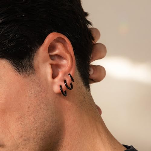 Black Huggie Hoop Earrings Set for Men, Small Stainless Steel Earrings for Multiple Piercing Hypoallergenic Lightweight Dainty Jewelry, Trendy Cartilage Earrings for Women Gifts 3 Pairs3