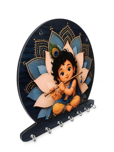 Image of Zepdos Baby Krishna Home Decor Key Hanger for Wall | Flute Design Key Hanger with 7 Hooks | Entrance Wall Mount Key Stand for Home, Living Room, Office, Gift Item (23 x 23 CM) (1 Pcs)