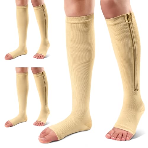 Image of Ailaka 3 Pairs Compression Socks with Zipper, 15-20 mmHg Medical Knee High Compression Socks for Men Women, Open Toe Socks for Varicose Veins, Edema, Recovery(Beige, XXL)