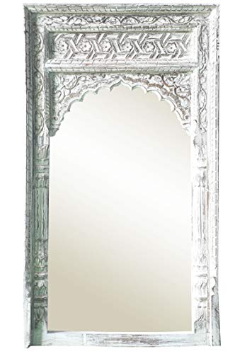 Espejo de pared oriental Inara 122 cm, grande, color blanco, gran espejo de pasillo marroquí con marco de madera adornado oriental, espejo de baño sin iluminación como decoración oriental