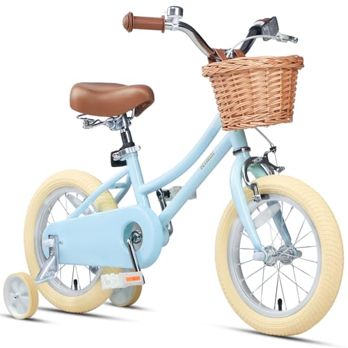Petimini 14 Inch Little Kids Bike for Age 3 4 5 Years Old Girls Retro Vintage Style Bicycles with Basket Training Wheels and Bell, Blue