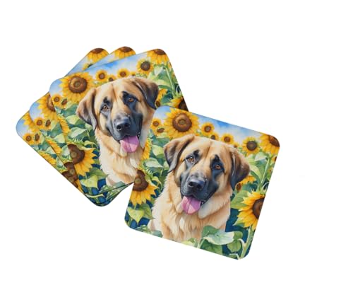 Caroline's Treasures Anatolian Shepherd in Sunflowers Foam Coasters Set of 4 Cup Coasters for Indoor Outdoor, Tabletop Protection, Anti Slip, Mouse pad Material