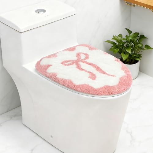 Pink Bow Bathroom Toilet Seat Cover Delicate Wavy Edge Cute Bow Toilet Seat Cover 17.5“ x 15” Machine Washable Stylish and Soft Bathroom Decor Fits Most Round, Oval, and Rectangular Toilet Seats