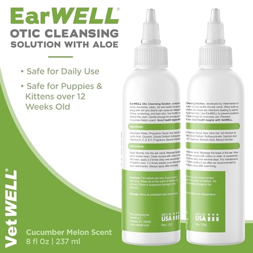 VetWELL Ear Cleaner for Dogs and Cats - Otic Rinse for Infections and Controlling Ear Infections and Odor in Pets - 8 oz (Cucumber Melon)