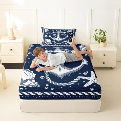 Image of jejeloiu Nautical Theme Bed Sheets Sets Twin Size Kids Boys Girls Compass Anchor Decor Bedding Set Ocean Shells Starfish Bed Sheet Set with 16-Inch Deep Pockets 3Pcs with 1 Pillow Cases