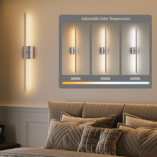 Image of 10000mAh Battery Operated Wall Sconces Set of 2, 3 Color Dimmable Rechargeable Wall Light with Remote, 24 Inch Sand-Nickel Wireless Sconces Wall Decor with Timer Function for Living Room, Bedroom, TV