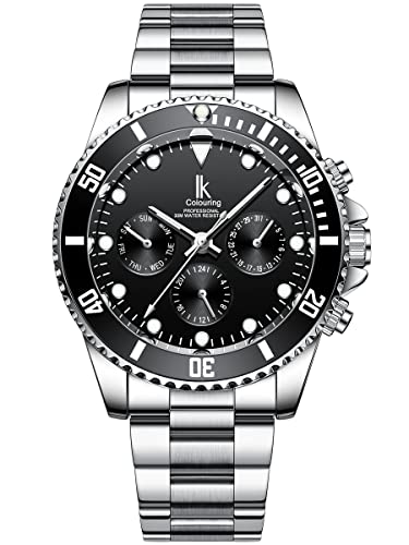 Alienwork Montre Automatique Homme Femme Argent Bracelet en Métal Acier Calendrier Date Noir Multifonction Fond de Verre