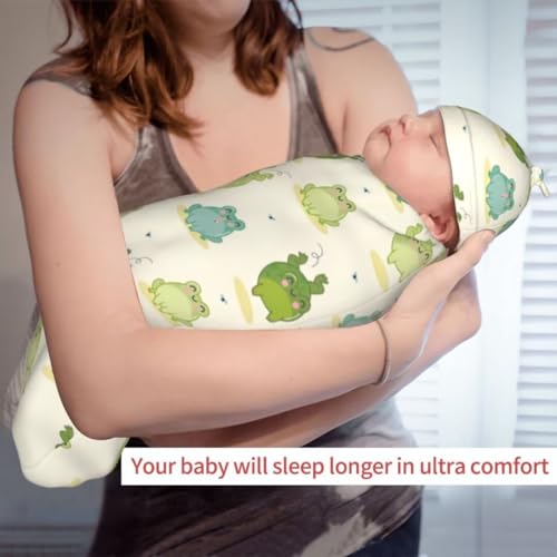 Image of Cartoon Frog Newborn Swaddling Blanket Beanie Hat Sets Soft Baby Receiving Funny Animal Blanket Soft Sleeping Bag New Born Soft Sleep Sacks for Boys Girls
