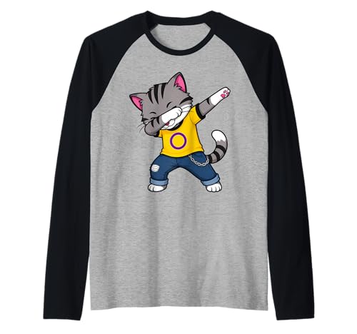Intersex Flag Dabbing Cat Raglan Baseball Tee