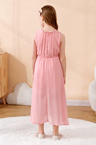 Gorlya Girls Sleeveless Ruffle Neck Hi-Lo Hem Overlay Formal Occasin Chiffon Long Party Dress 4-14T(Gor1154,10Y,Pink) #TOP1