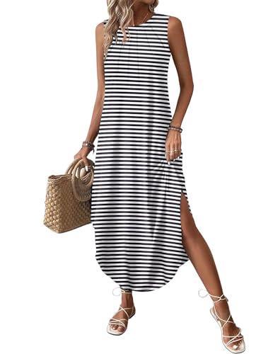 Image of Zeagoo 2026 Summer Striped Dress Black and White Long Dress Casual Sleeveless Beach Dress Comfy Cotton Sundress, Black Striped,S