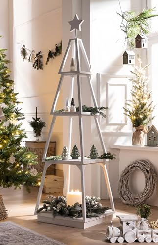 Dekoleidenschaft Pyramide décorative en bois blanc shabby blanc avec 4 niveaux, 175 cm de haut, étagère de salon, étagère sur pied, alternative au sapin de Noël