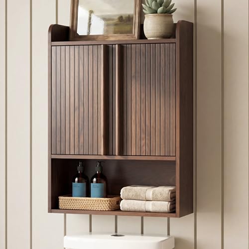 VANIRROR Fluted Wall Cabinet 33" H, Mid-Century Modern Dark Wood