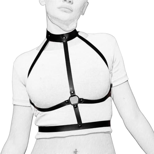 WUUDOA Leder Harness für Frauen Mit Halsband, Punk Body Harness, BDSM Outfit Kleidung, Kinky Outfit Woman, Sexgeschirre Damen Körper