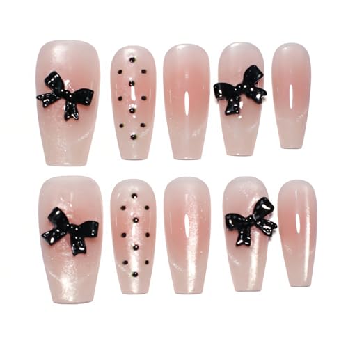 Pink Handmade Press On Nails Long Square 10Pcs Fake Nails Black Bow Full Cover Luxury Glue on Nails Reusable Acrylic False Nails