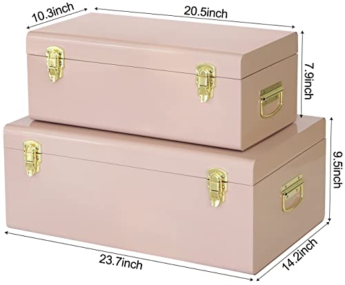 Image of Vixdonos Metal Trunks College Dorm Steel Chests Decorative Storage Box Set of 2 Bedroom Organizer for Home Decor,23.7X14.2X9.5 Inches(Pink)