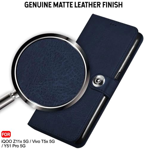 Image of TheGiftKart Flip Back Cover Case for iQOO Z11x 5G / Vivo T5x 5G / Vivo Y51 Pro 5G | Genuine Leather Finish | Designer Button | Inbuilt Pockets & Stand | Flip Back Case Cover (Faux Leather, Blue)