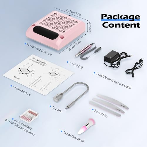 Aspirateur de poussière d'ongles 4 en 1 – Puissance d'aspiration de 80 W, 30 000 tr/min, ponceuse électrique et lampe LED incluses. Kit professionnel avec coupe-ongles et 3 limes double face – vue 8