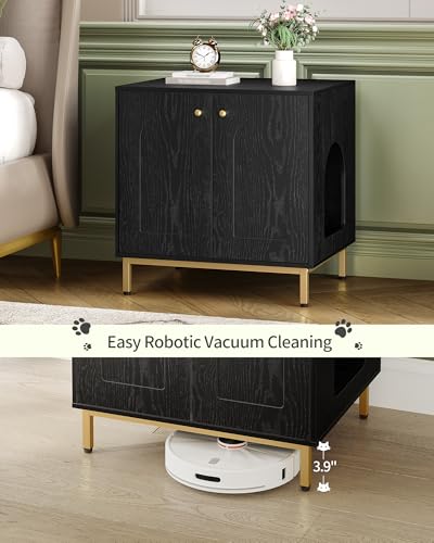 Hzuaneri Cat Litter Box Enclosure, Hidden Litter Box Furniture Cabinet, Wooden Indoor Cat House, Side End Table, Living Room, Bedroom, Black and Gold CB81204G
