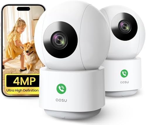 aosu 4MP Überwachungskamera Innen für Baby & Haustier, mit One Touch Anruf | 2er-Packung 360° Heimansicht, Intelligente Bewegungsverfolgung, IR Nachtsicht, 24/7 Aufnahme, 2,4GHz Wi