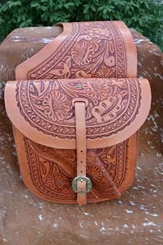 AD Saddlery Cowhide Genuine Leather Western Equestrian Trail Tooling Carving Horse Saddle Bag Tooled Carved Pack Equipment Horse Saddle Bags Size: 10” L x 10” W x 3 ½” D inches BAG125