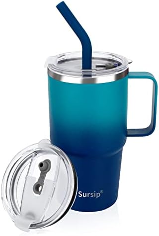Sursip 24 oz Insulated Cup with Handle, Double Wall Vacuum Stainless Steel Tumbler with Straw and 2 Lids, For Cold/Hot Drinks, Coffee Travel Mug for Car/Home/Office/Party/Camping (Green＆Navy-1 Pack)